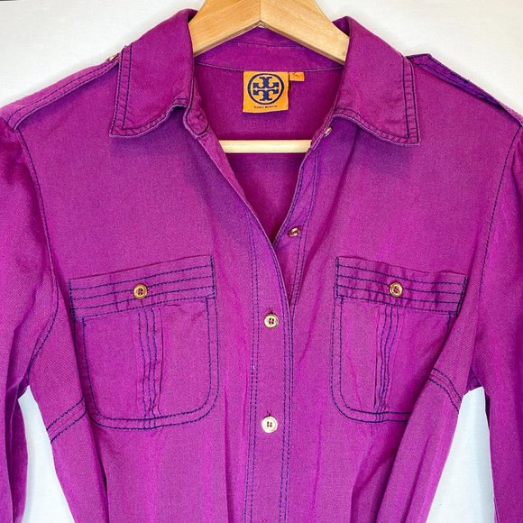 Tory Burch Magenta Shirtdress with Contrast Topstitch - Picture 7 of 8